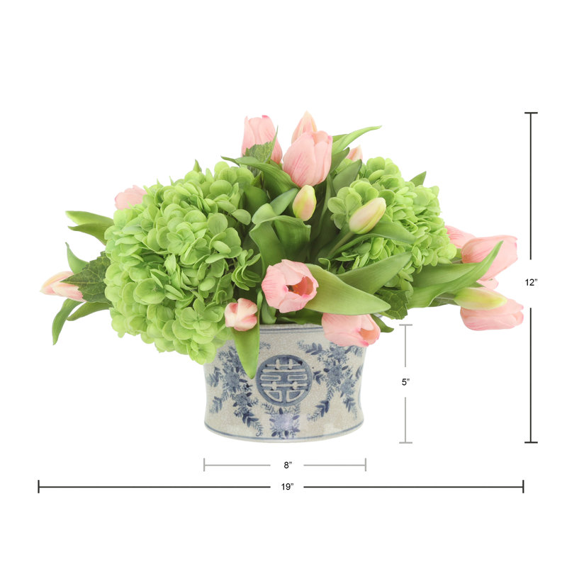 Real Touch Hydrangeas and Tulips Arranged in a Ceramic Vase