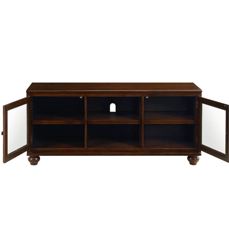 Meuble télé de 50 à 59 po avec finition noyer et style transitionnel, 2 portes vitrées et compartiments multimédia, placage de chêne chinois en bois de peuplier, capacité de charge de 70 lb pour les écrans, fabrication de placage, limite
