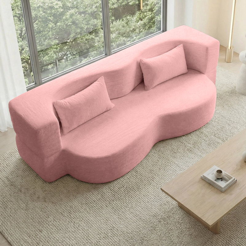 78.35" Modern 2-In-1 Convertible Curved Loveseat Sofa Bed, Floor Love Seat Couch, Teddy Fabric Memory Foam Cloud Couch With 2 Pillows No Assembly For Living Room, Apartment, Small Space