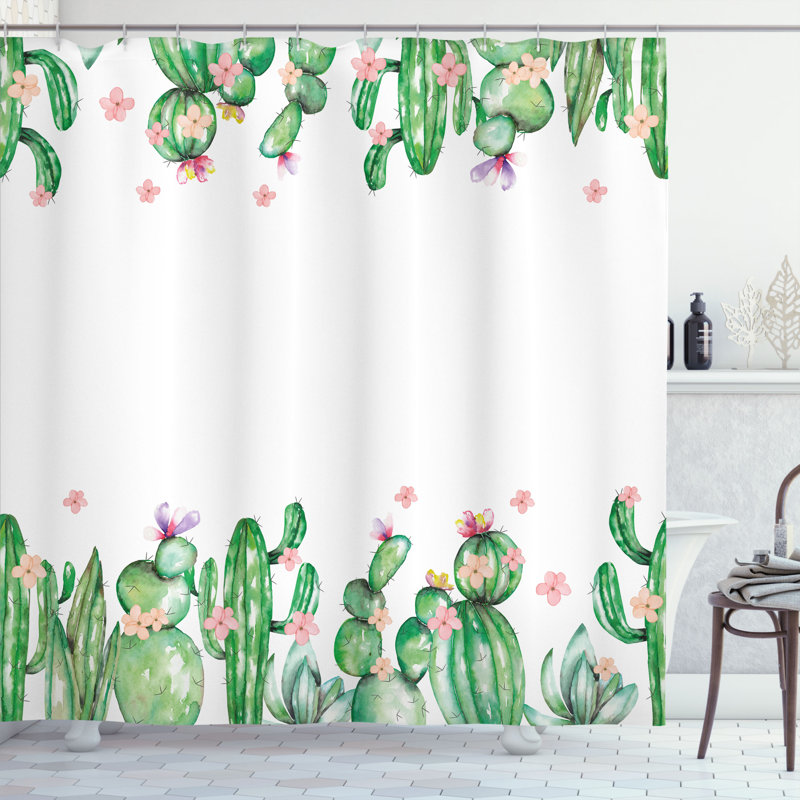 Ensemble de rideau de douche et de crochets en cactus, H 69 po x l 105 po