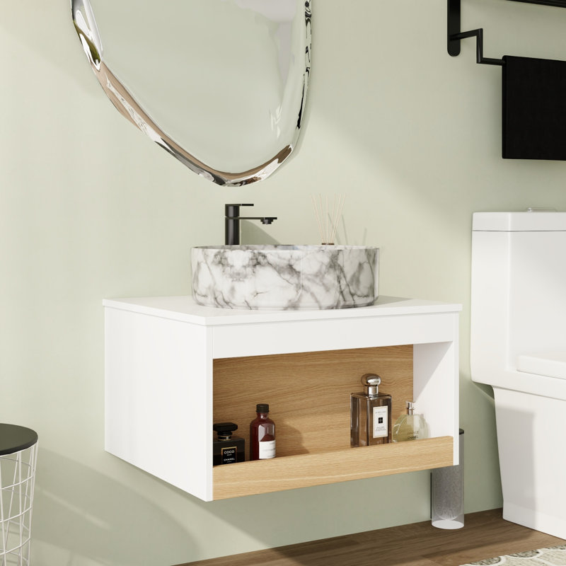 Meuble-lavabo simple mural 24 po avec vasque en céramique 24 po, White with grey patterns
