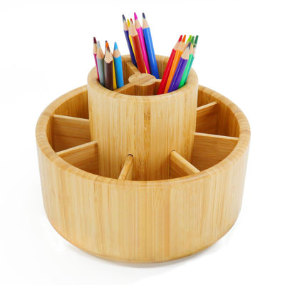 Bamboo Rotating Art Supply Desk Organizer, Pencil Holder Organizer, Desktop Storage Caddy For Pen, Colored Pencil, Crayon, Paint Brushes, Art Studio&Office