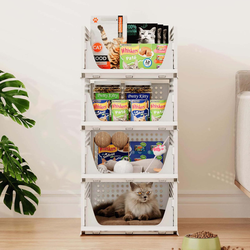4 Pack Stackable Storage Baskets – Foldable Plastic, Drawer Shelf Containers, White, Closet Kitchen Bathroom Office Dorm Organizer