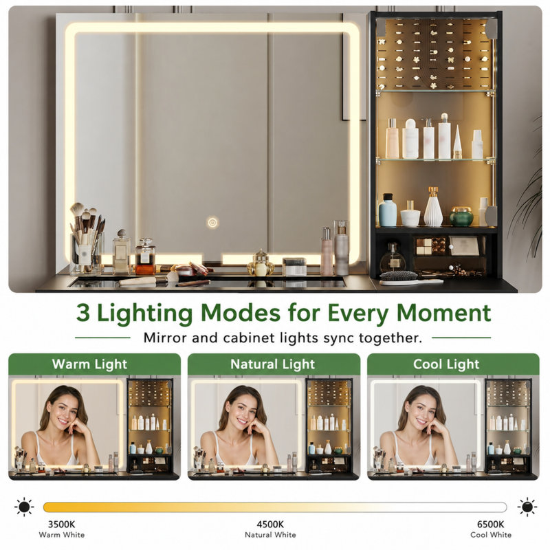 Meuble-lavabo avec plateau en verre, miroir lumineux (3 modes d'éclairage), 2 tiroirs, rangement pour bijoux et prise de courant pour la chambre à coucher