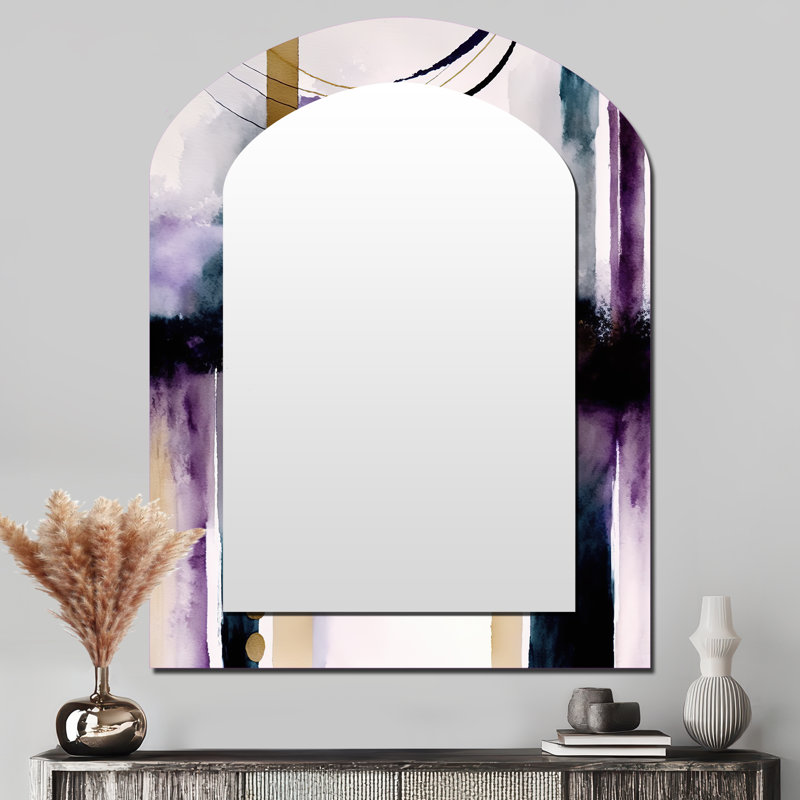 Abstrait géométrique mauve et doré II - miroir mural arqué géométrique, miroir décoratif asymétrique mauve, impression sur métal