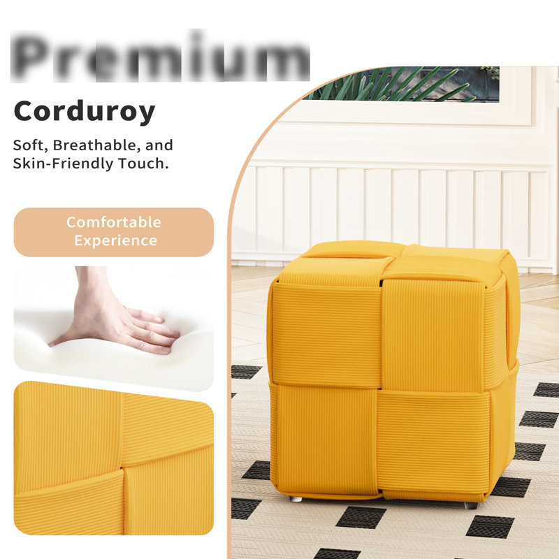 Tabouret carré en velours côtelé jaune, confortable pour une utilisation comme meuble-lavabo à haute résilience et structure stable, doux au toucher, mousse, repose-pieds idéal ou aucune installation requise