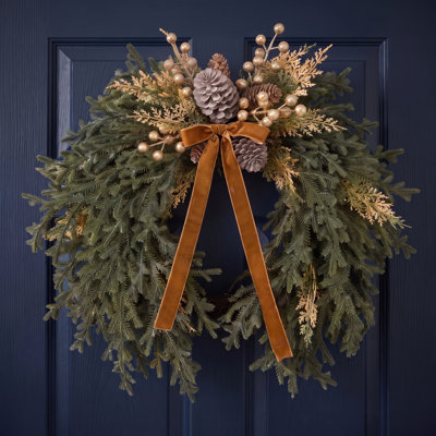 21.65" Artificial Cedar Christmas Wreath, Farmhouse Front Door Wreath with Pinecones, Berries & Bow for Holiday Decor