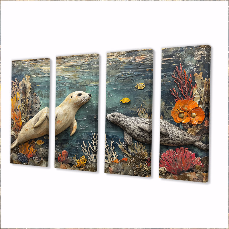 Jouant des phoques dans un paysage de corail I - Art mural - Ensemble de décoration murale, H 32 po x l 64 po