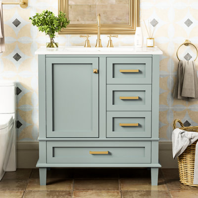 Meuble-lavabo de 30 po: armoire avec 3 tiroirs, fonction de fermeture en douceur, lavabo en céramique, comptoir blanc, tiroirs spacieux avec cadre en bois massif et 1 porte à fermeture, bois, assemblage facile pour la mise à niveau