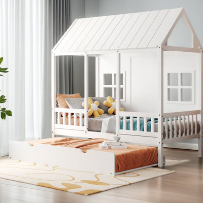 Lit en bois avec couchette Wood House, blanc