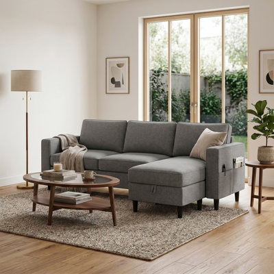 78" Linen L-Shaped Sectional Sofa with Storage Ottoman, Dark Grey