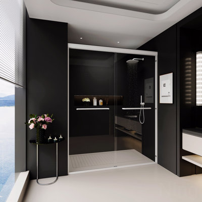 Porte de douche coulissante double 72 po H - Conception semi-sans cadre avec porte coulissante coulissante pour salle de bain avec verre trempé 1/4 po (6 mm)