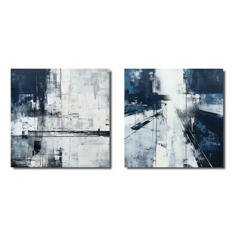 Ensemble de 2 collages carrés noirs en noir et blanc, Toile tendue, H 16 po x l 33 po