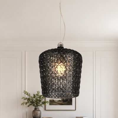 Black Geometric Cutout Pendant Light with Chrome Canopy, Adjustable Height Hanging Lamp with Warm E26 Bulb Included