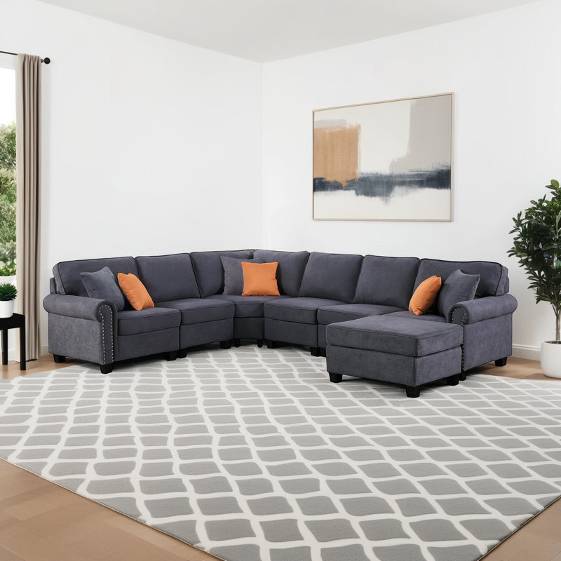 Canapé modulaire réversible en coin avec repose-pieds Sherburne, Mélange de polyester gris