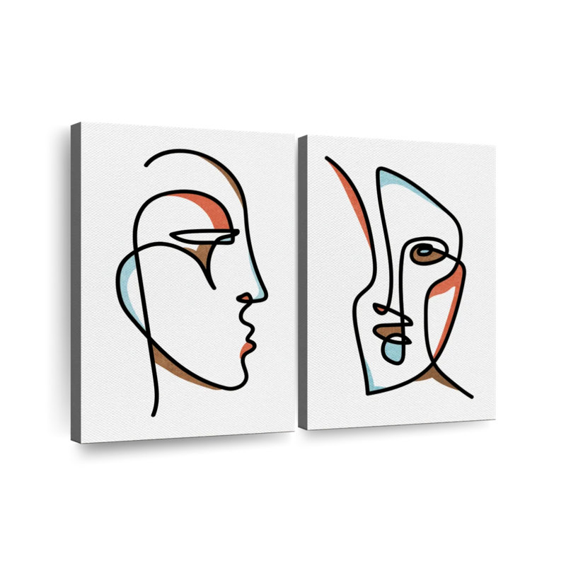 Portrait mince visages abstraits sur toile, 2 pièces, H 48 po x l 66 po x P 1 po