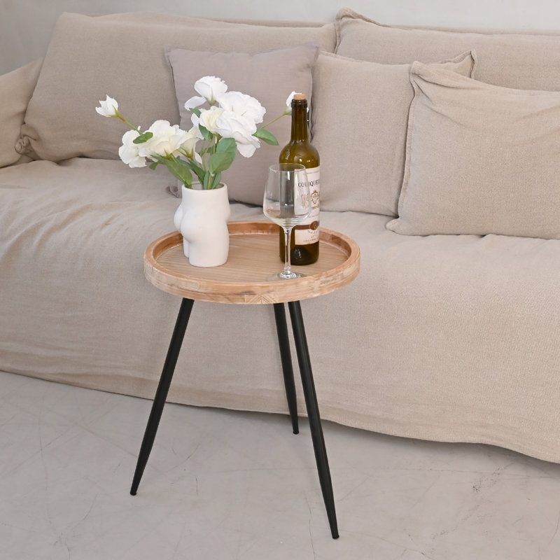 Petite table de bout ronde - table d'appoint avec plateau en bois massif et pieds en métal robustes, table d'appoint peu encombrante pour le salon, la chambre à coucher, le balcon - assemblage facile, design moderne minimaliste