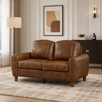 Brown Faux Leather Loveseat with Brass Rivets and Wood Legs