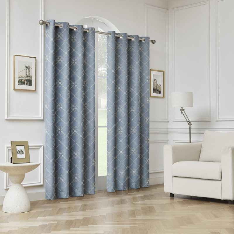 Adria Trellis Embroidered 100% Blackout Grommet Curtain Panel, Blue, 50" W x 84" L