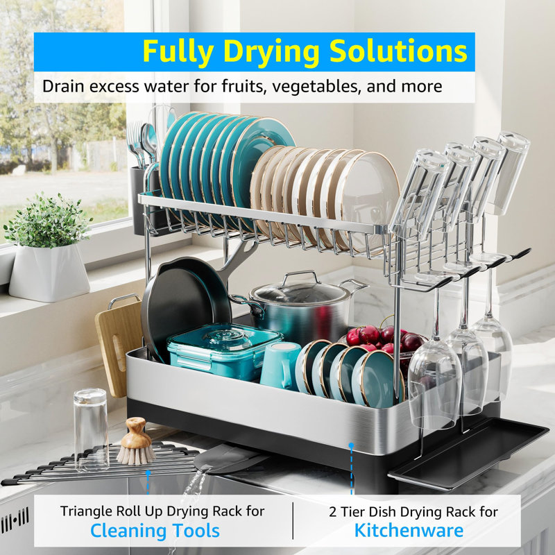 Extra Large Stainless Steel 2-Tier Dish Drying Rack with Utensil Cup