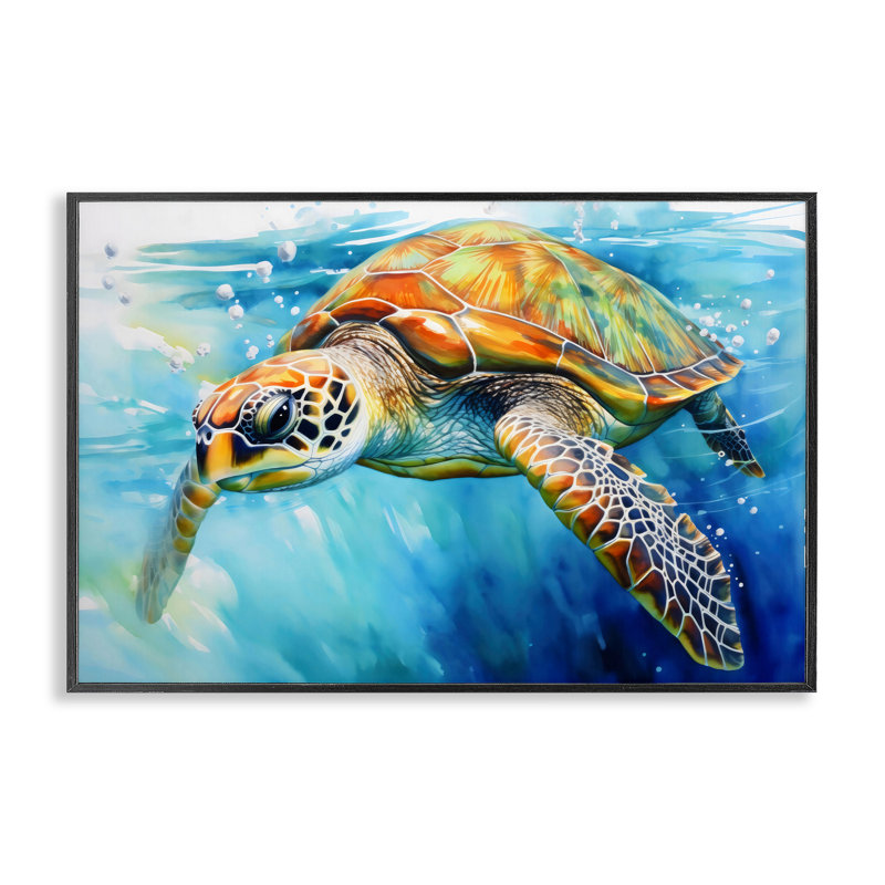 Giclée de tortue gracieuse nageuse, design par Creative Studio, H 16 po x l 24 po, Giclée encadrée noir minuit
