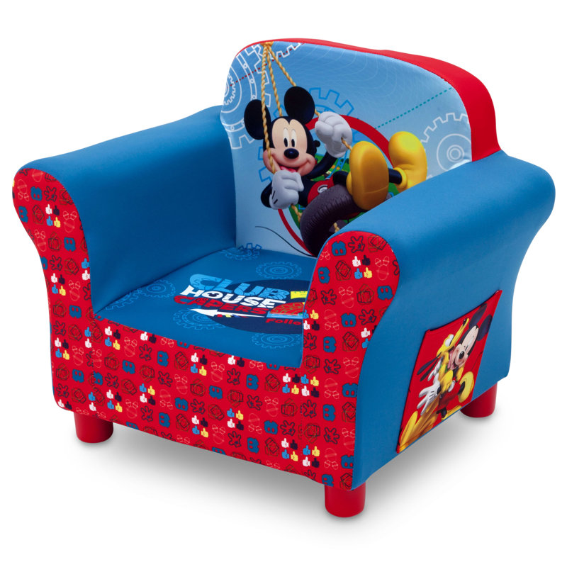 Mickey Mouse Blue and Red Velvet Kids Chair with Wood Frame