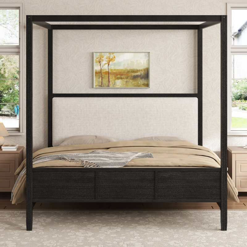 Lit plateforme à très grand lit en bois avec tête de lit tapissier, sans sommier, design moderne et durable, Black