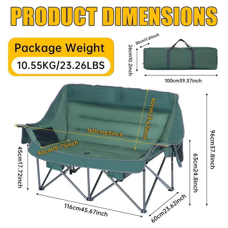 Heated Double Camping Chair, Oversized Loveseat with Padded Seat, Cooler Bag, and Heated Comfort for Adults