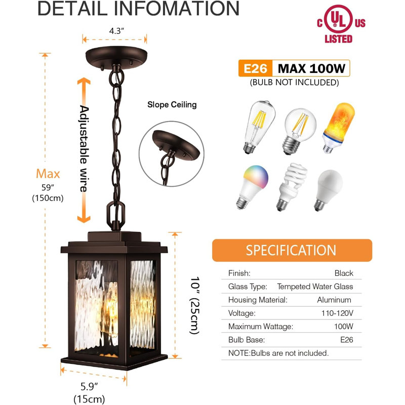 10'' Hardwired Outdoor Hanging Light, Brown