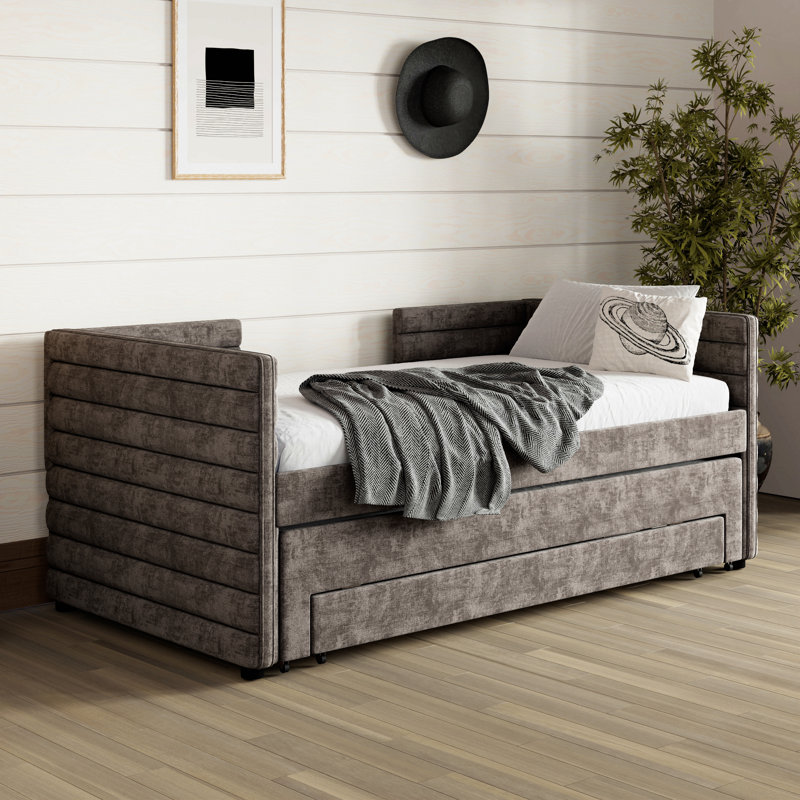 Twin Size Upholstered Daybed With Trundle And 3 Storage Drawers, Space-Saving Short-Haired Linen Fabric Sofa Bed For Guest Room, Living Room,