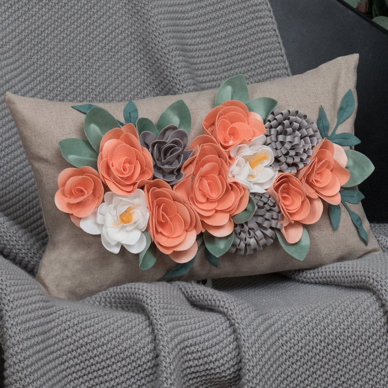  Decorative 3D Flower Throw Pillow Cover Accent Pillowcase 12 x 20 Inch, Pink/Blue Floral