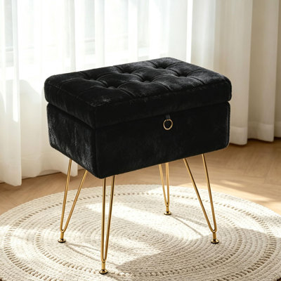 Tabouret de coiffeuse en fausse fourrure douce avec rangement – ​​Pouf capitonné de 40 cm avec mousse à mémoire de forme, pieds en métal doré et patins antidérapants pour chambre, garde-robe, salon – Noir