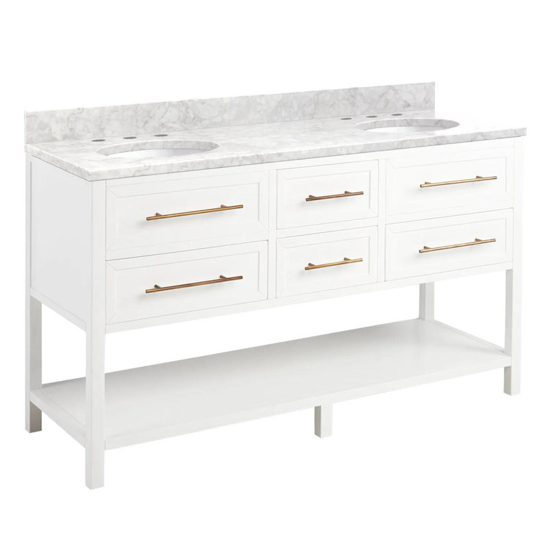 60" Robertson Double Bathroom Vanity Set with Oval Undermount Sinks, White, 8" Widespread, Arctic White Quartz