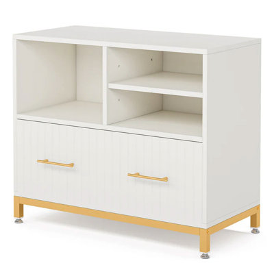 Ample Multi - Purpose File Cabinet With Drawer, Open Storage, And Top Surface, For Lamps, Printers, Photos, E1 Gold Metal, 35.16 Inches Depth, 16.03 Width, 31 Height Versatile Display, Office