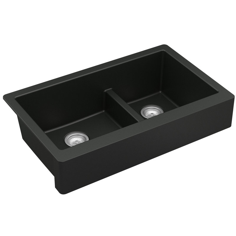 Karran Retrofit Farmhouse/Apron-Front Quartz Composite 34'' X 21-1/4'' 60/40 Double Bowl Kitchen Sink, Matte Black