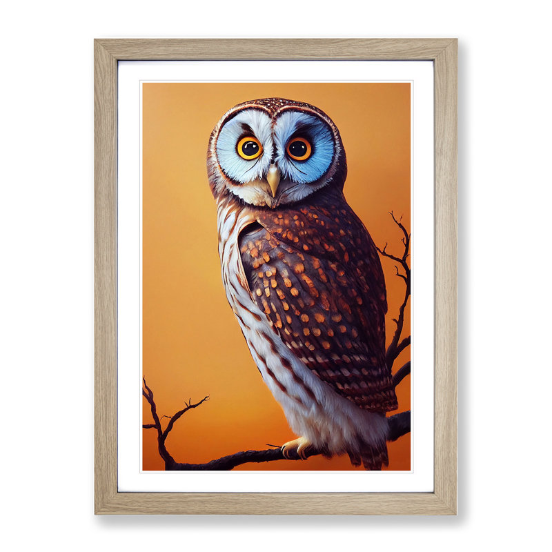 Owl upon a Branch No.1 - Framed Print, 34cm H x 25cm W x 2cm D, Oak Framed