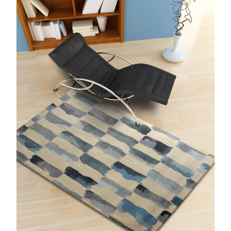 Tapis touffeté géométrique turquoise / gris, Rectangle 5 pi 6 po x 8 pi 6 po