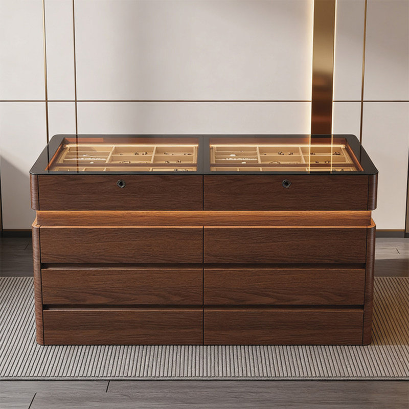 Comptoir rectangulaire en verre trempé transparent de 39,37 po, armoire en bois massif brun multi-couches, armoire à bijoux