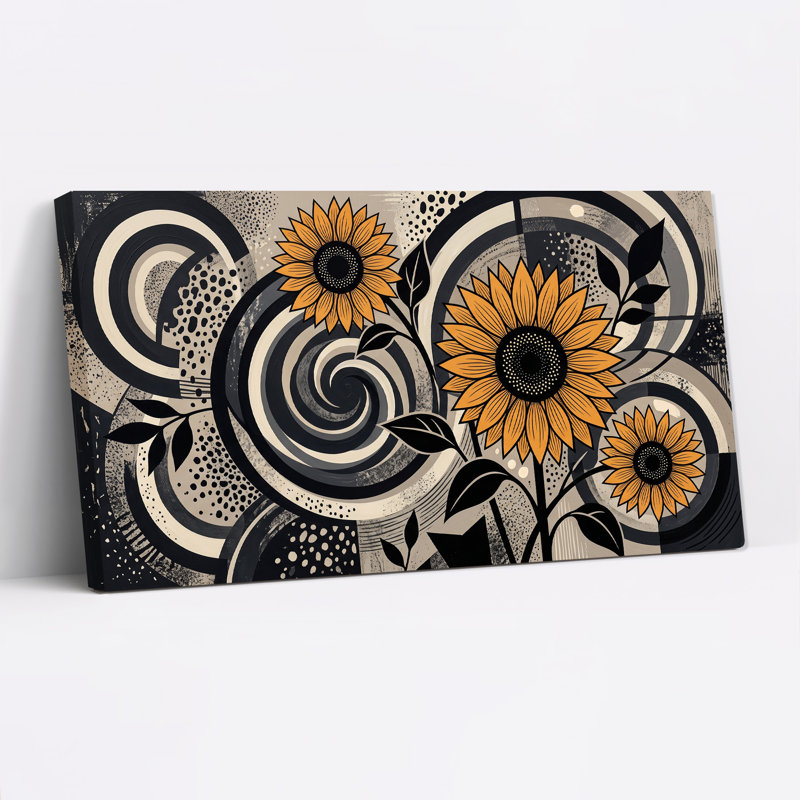 Tournesols orange sur toile à motif abstrait en spirale et à points, 32“W x 16”H