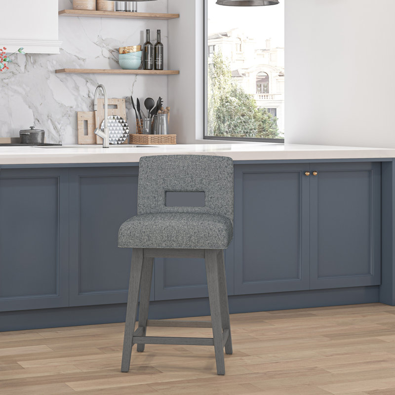 Tabouret pivotant à dossier clé en bois et tissu d'ameublement, Siège graphite / cadre délavé gris