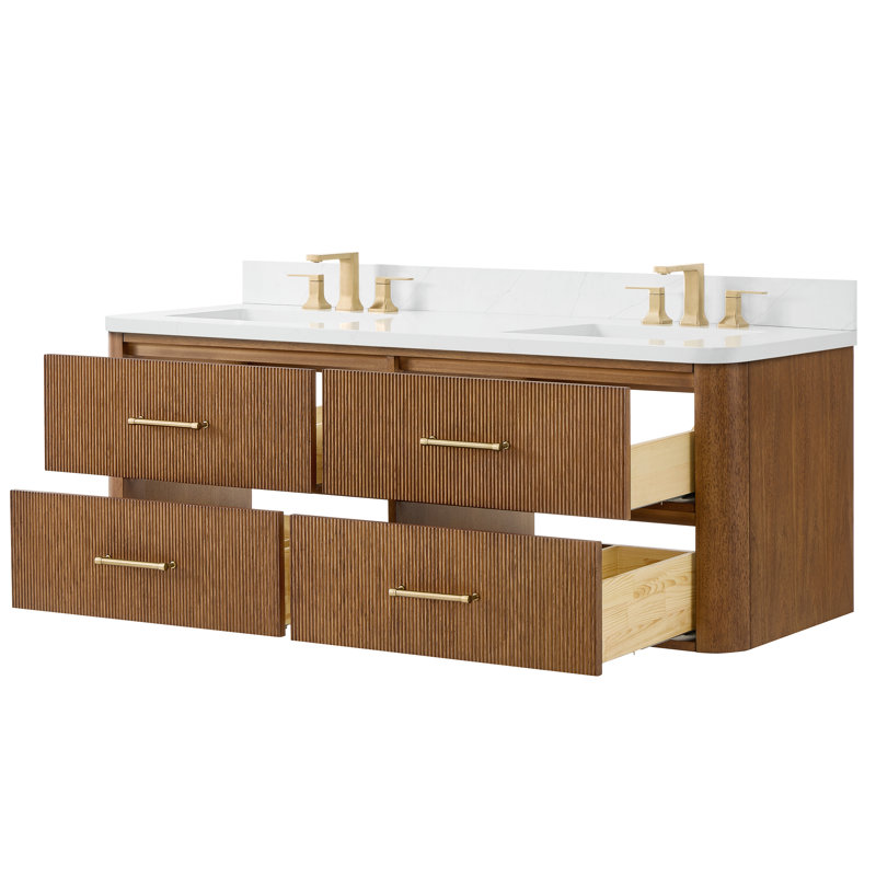 Ensemble de meuble-lavabo mural double 60 po en noyer grillé Francesca, Brun/bronze, Quartz Giotto