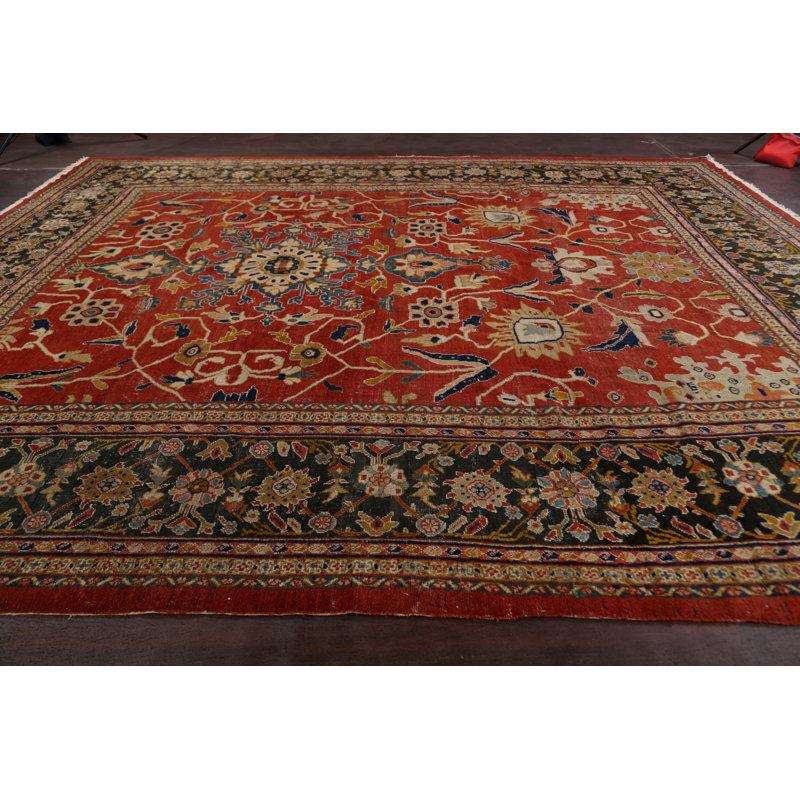 Tapis décoratif en laine de conception unique noué à la main des années 1900 en laine rouge/vert 11 pi 11 po x 14 pi 6 po Sultanabad