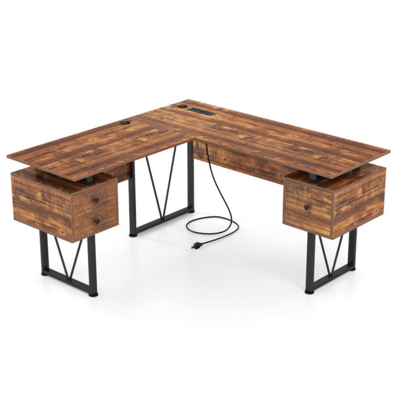 Bureau d'ordinateur en L avec prises de courant et 3 tiroirs de rangement