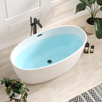 FerdY Tahiti 59" Acrylic Freestanding Bathtub, Elegant Oval Shape Soaking Bathtub, Glossy White, Matte Black Drain & OverflowAssembly Included cUPC Certified