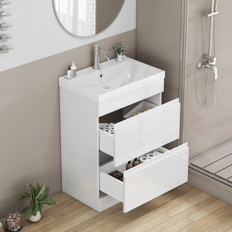 Meuble-lavabo blanc brillant 24 po avec lavabo, tiroirs à fermeture en douceur, conception sans poignée et lavabo en céramique à rebords épais