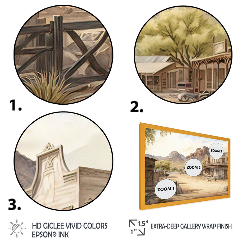 Arizona Wild West Town III - Impression sur toile, Impression dorée sur toile encadrée, H 16 po x l 32 po x P 1 po