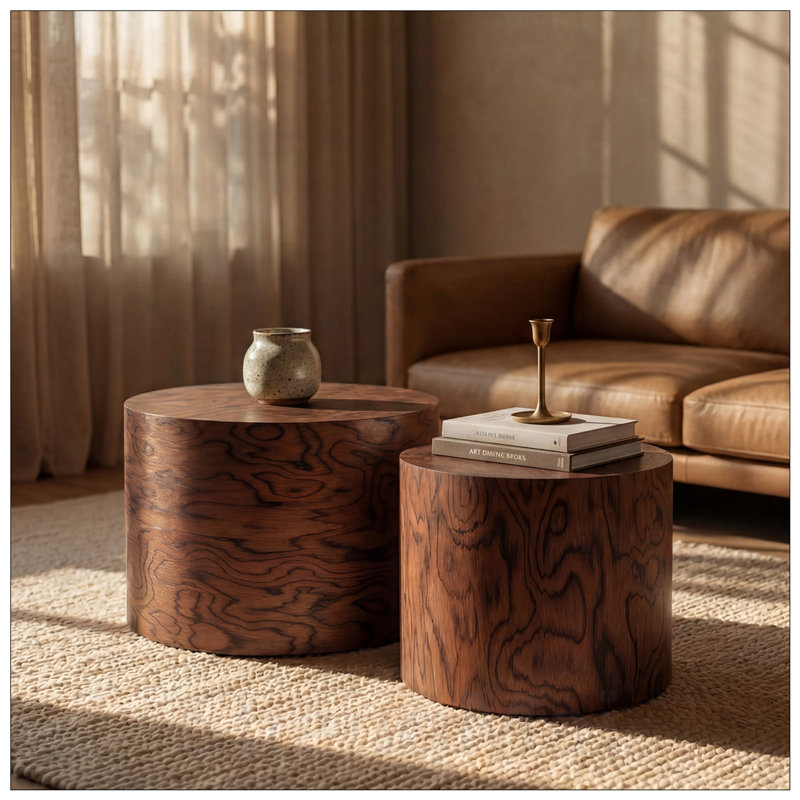 Ensemble de 2 tables basses gigognes rondes, table d'appoint en forme de souche d'arbre, sans assemblage, table d'appoint rustique à grain de tourbillon pour le salon, décor de maison de campagne moderne Wabi-Sabi