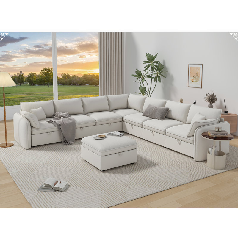 Canapé modulaire rembourré avec repose-pieds 5 pièces Nourelta, Molleton doux beige