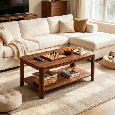 39.4" Rectangular 2-Tier Coffee Table with Storage Shelf, Walnut Finish Accent Table with Vertical Wave Grain Legs & Arc Corner Design, Modern Minimalist Side Table for Living Room Bedroom