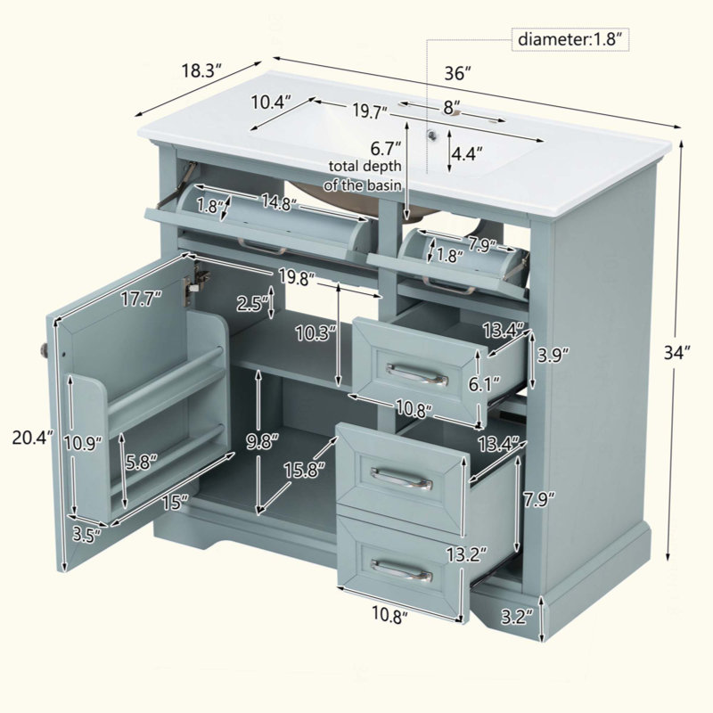 Ensemble de meuble-lavabo avec lavabo sous-comptoir en céramique, 2 tiroirs et charnières, Gris
